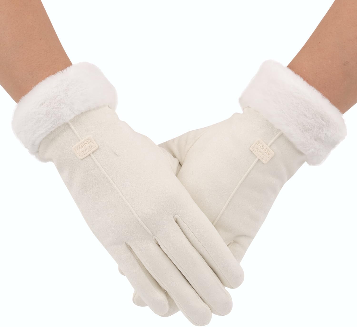 F Flammi Women's Winter Suede Gloves with Fur Cuffs - Soft, Warm, Touchscreen, Fleece Lined