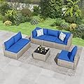 Tradare 7 Piece Patio Furniture Set, Outdoor Wicker Patio Sofa Set, PE Rattan Sectional Couch with Glass Table and Blue Cushions, All-Weather 7 Piece Outdoor Patio Furniture Sets, Grey