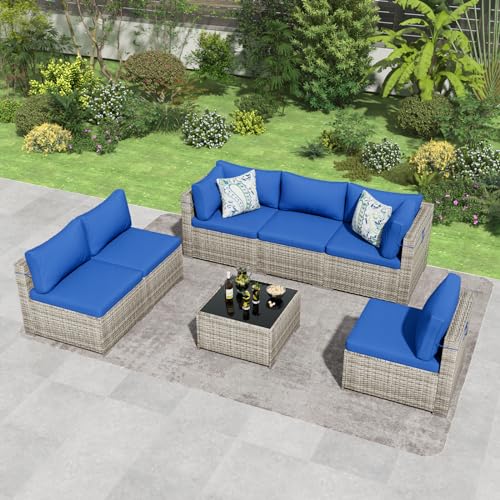 Tradare 7 Piece Patio Furniture Set, Outdoor Wicker Patio Sofa Set, PE Rattan Sectional Couch with Glass Table and Blue Cushions, All-Weather 7 Piece Outdoor Patio Furniture Sets, Grey
