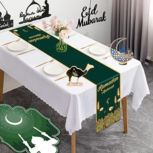 KAINSY Ramadan Eid Mubarak Table Runner 14 x 73 Inch Ramadan Star Moon Mosque Decorative Polyester Table Cover Decor for Home Dinning Room Islamic Holiday Decoration Party Favors, Green