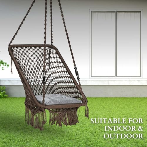 Image of Swingzy Premium Rectangle Swing Chair for Adults | Stylish Indoor Outdoor Hanging Swing | Polyester Blend Large Swing for Balcony | Durable Relaxing Hammock Chair (Accessories Included, Brown)