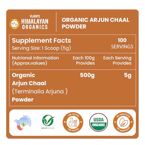 Image of Vlado's Himalayan Organics Organic Arjun Chaal Powder-500G | 100% Natural & Pure Herbal Arjun Ki Chaal Powder For Men & Women I USDA Organic | To Support Heart Health & Promote Good Cholesterol