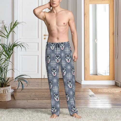 Mens Pajama Pants Bottoms With Pockets- Weaving Cute Husky Dog Snowflake Soft Mens Pj Pants, Comfy Men Lounge Pants2