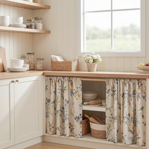 Image of MYSKY HOME Floral Kitchen Curtains 36 Inches Linen Tier Curtains 2 Panels | Farmhouse Blue Flower Patterned Small Window Treatments Airy Light Filtering Rod Pocket for Living Room Bathroom, Each 26 inch W