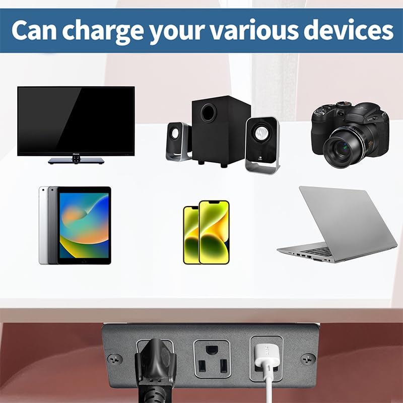 Recessed Power Strip with USB-A, Built-in Outlet Socket, Flat Plug Extension Cord, Dual Installation with Steel Brackets for Desk, Kitchen Island, Cabinet, Workbench (2AC USB-A)