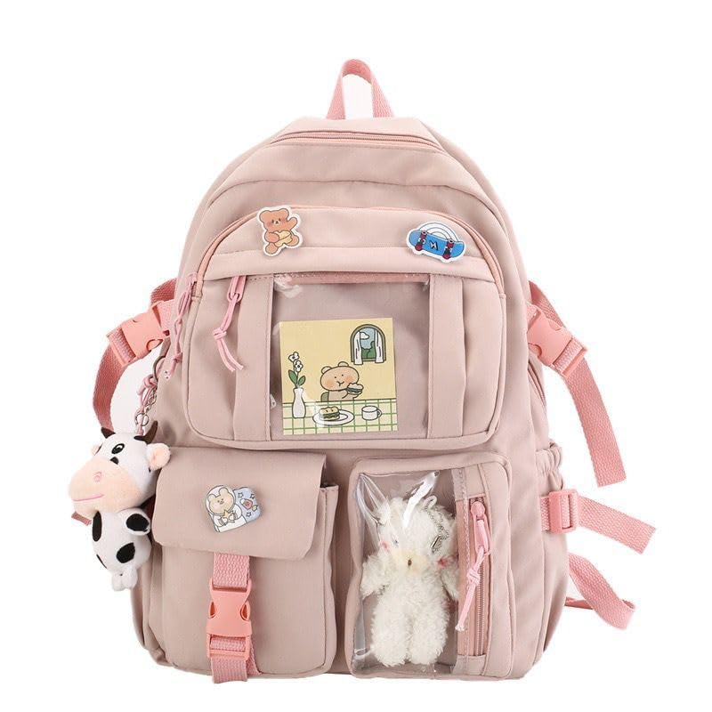 Mochila Feminina Coreano de Grande Capacidade, Resistente a Água com Chaveiro, Mochila Multiuso para Escola, Faculdade e Passeio Diário (Rosa)