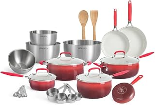 Pioneer Woman 25-Piece Nonstick Ceramic Cookware Set – Aluminum Construction, Scratch-Resistant, Oven-Safe, Includes Skillets, Saucepans, Mixing Bowls & Utensils – Ombre Red