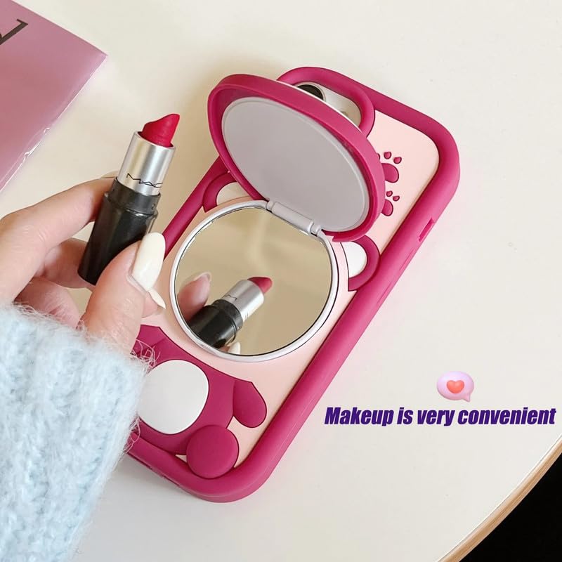Image of COVERLY 3D Strawberry Bear Mirror Cartoon Stand Case,Premium Silicone Full Protective Case Cute Teddy Love Phone Holder Makeup Mirror Cute Kawaii Aesthetic Cover for Apple iPhone 14 Plus