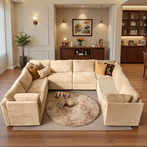 Image of ovios Modular Sectional Sofa Couch with U-Shape Chaise Oversized, Comfy Plush Corduroy Cloud Couches, Modern Luxury Deep Seat Sofas Set for Living Room, 8-Seater, Beige