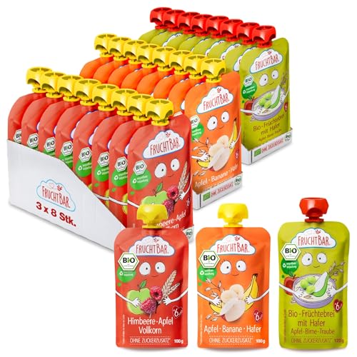 FruchtBar-Bio Quetschie 24 Stk. Mix 3 verschiedene Sorten Fruchtpüree für Babys ab 6 Monaten & Kinder (Bio Quetschie Mix mit Getreide)
