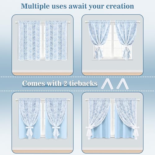 Image of Yinhua Blue Kitchen Curtains 36 Inch Length Double Layer Blackout Cafe Curtains with Floral Sheer Overlay Rod Pocket Short Curtain for Windows, Small Window Curtain for Bathroom, Living Room, 2 Panels