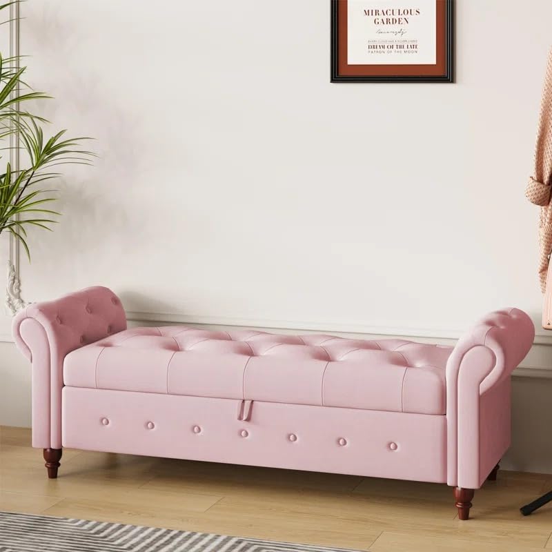 Image of LEGACY OF COMFORT F4 Velvet Upholstered Storage Bench Sofa Bench Sofa couches Rolled Arm Window Bench Ottoman Bench 2 Seater Sofa Chaise Lounger or Living Room Bedroom Office (Pink Velvet)