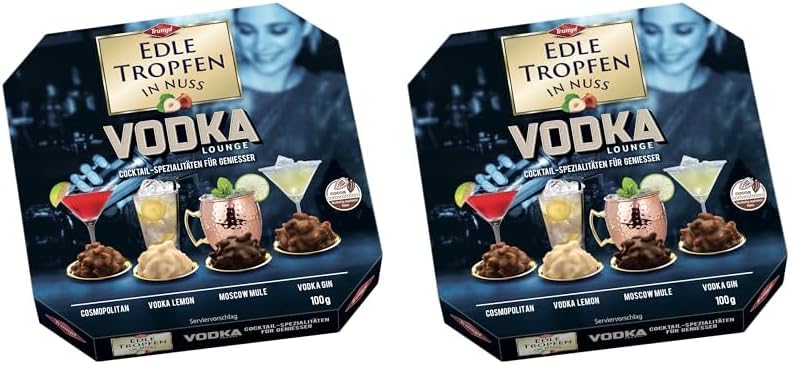 Edle Tropfen in Nuss Vodka Lounge 100g, flüssig gefüllte Schokoladenpralinen mit Milchschokoladen-Überzug und knackigen Haselnuss-Splittern (Packung mit 2)