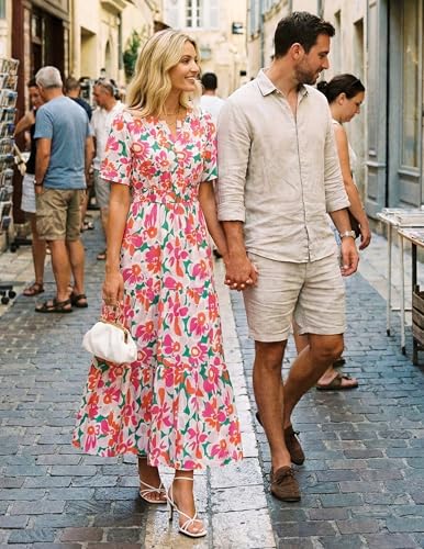 Image of ZESICA Women's 2026 Summer Spring Floral Boho Maxi Dresses Casual Short Sleeve V Neck A Line Flowy Beach Vacation Dress