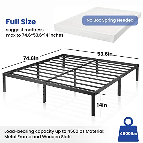 Hibed Full Bed Frame, 14” Height Noise Free Metal Platform, Lightweight Heavy Duty Steel Support Up To 4500 Lbs, Box Spring Free Design, Steel Slat Supports, Easy Assembly Tool-Free,Black #TOP2