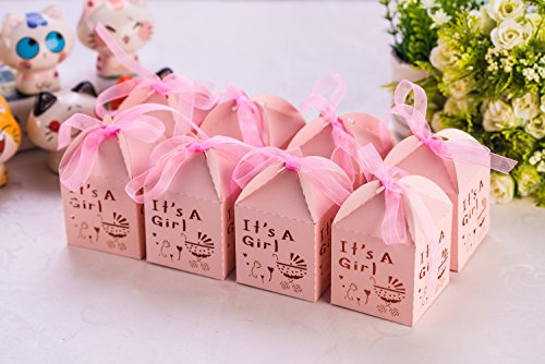 Yozatia 50Pcs Laser Cut Baby Carriage Favor Box Bomboniere Gift Candy Boxes Baby Shower Party Decoration, 2.2 X 2.2 X 2.2 Inches (Pink) #TOP3