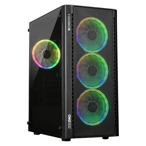 Zebronics Premium Gaming Cabinet, Mid-Tower, mATX, mini-ITX,4 ARGB LED Fans,Upto 360mm Front & 240mm Top AIO, Side Tempered Glass,Front Mesh Design, USB 3.0, 2X USB Port(Zyro, Black)