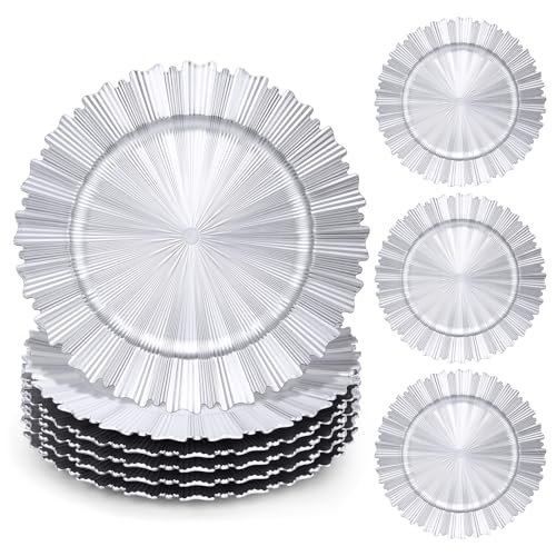 Etsutomy 6 Pcs Silver Charger Plates,13 Inch Elegant Fluted Edge Plastic Charger Plates Reusable Table Chargers for Dinner Birthday Wedding Party Bridal Showers Tableware Dishes Luxury Decor