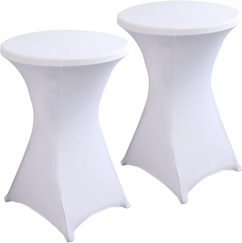 Paquete de 2 fundas para mesa de cóctel de elastano blanco de 32 x 43 pulgadas, manteles redondos ajustados, manteles elásticos para bodas, fiestas,