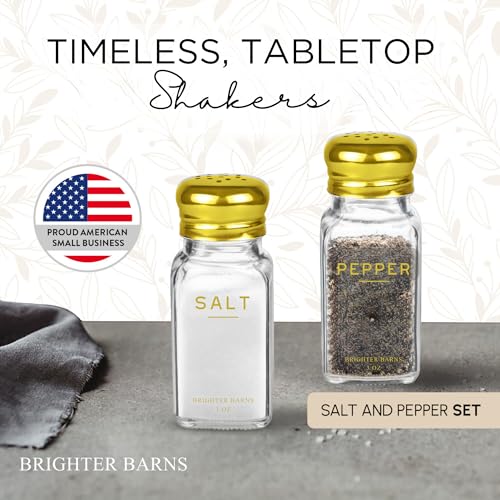 Image of Gold Salt and Pepper Shakers Set by Brighter Barns - Gold Kitchen Decor & Accessories - Neutral Minimal Decor - Modern Glass Shakers with Stainless Steel Lids for Home, Restaurants