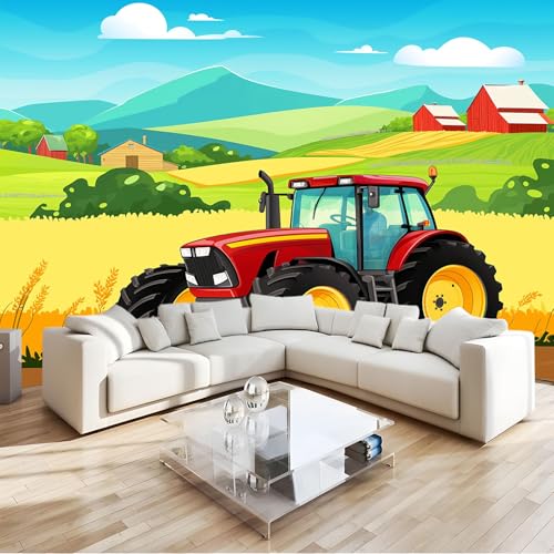 Fototapete Cartoons Traktoren Bauernhöfe Kinderzeichnungen 200x140 cm Vlies Tapete 3D Effekt Moderne Wandtapete Dekoration, für Wohnzimmer Schlafzimmer TV-Hintergrund Wanddeko Wallpaper