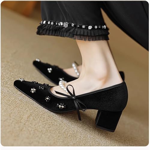 Women's Suede Beaded Pearls Strap Pointed Toe Chunky Heel Mary Jane Pumps Fashion Summer Non-Slip Heels with Pearl Decor Slip on Block Mid Heel Wedding Bridal Party Dress Shoes2
