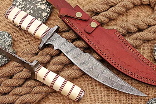 KE-01319-HK Custom and Handmade Damascus Steel Hunting Knife with Leather Sheath