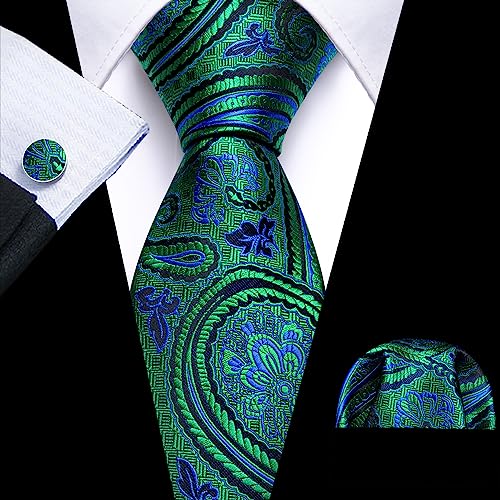 Image of Barry.Wang Men Tie Set Floral Paisley Silk Necktie Pocket Square Cufflinks Formal Wedding Party Business