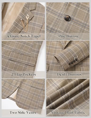 Mens 3 Pieces Plaid Suit Slim Fit Tuxedo Blazer Vest Pants for Wedding Prom Homecoming with Brooch Pin3