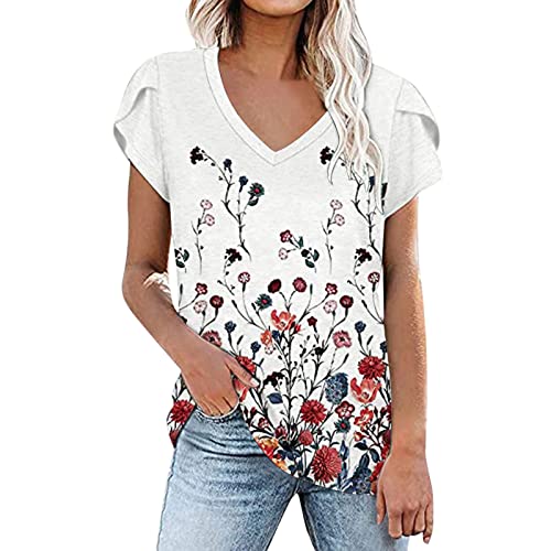Bblulu Womens Summer Tops, Womens Petal Sleeve Tops Flower Print V Neck Summer T Shirt Casual Short Sleeve T Shirts