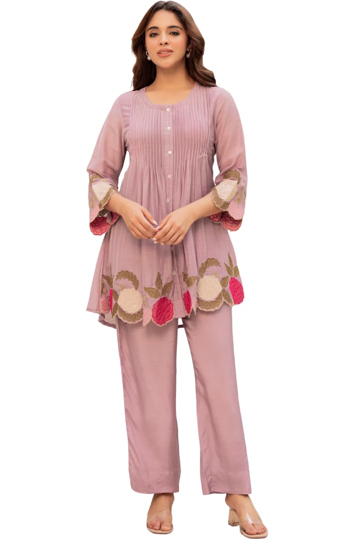 Women Chanderi Silk Embroidered Ethnic Co-Ord Set with A-Line Pintuck Tunic Top & Straight Palazzo Pants | Floral Indo Western Matching Set for Women-picture-58