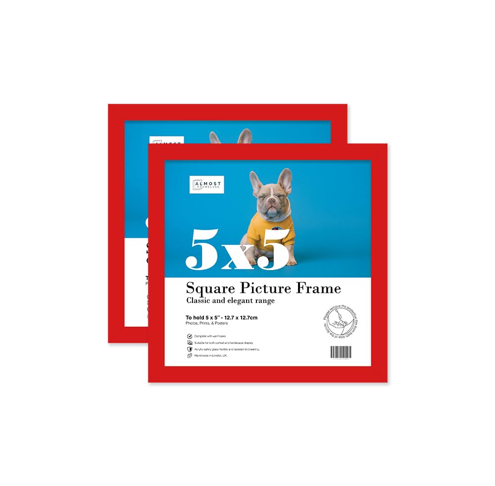 Almost Frameless Red 5X5 Picture Frame Set Of 2, Display 5X5 Picture Gallery Wall, Poster, Photo, Artwork, Or Print, Square