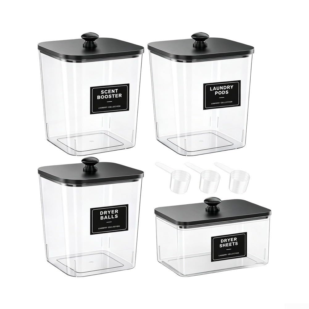 4 Botes Lavandería PET con Tapa para madera Negro 4 Botes Lavandería