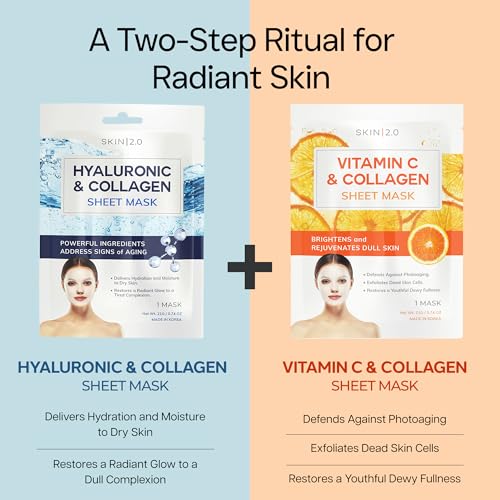 Image of Skin 2.0 Vitamin C & Hyaluronic Acid Face Mask with Collagen - Dermatologist Tested, Korean Skin Care - Ultra Hydrating & Firming Sheet for Smoother-Looking Skin - Vegan, Clean Beauty - 10 Count
