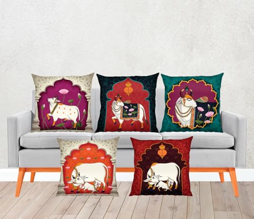 Image of SCPmarts Pichwai Printed Satin Cushion Covers Set of 5 - 16x16 Inch Square Decorative Throw Pillow Covers for Sofa, Living Room, Bedroom & Home Decor (Cow)