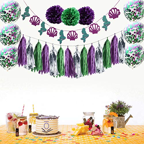 Banner com tema de sereia, balões de látex de papel, borlas de flores, linda faixa de aniversário pa