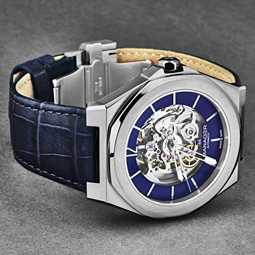 Manager Men's 'Open Mind' Blue Dial Blue Leather Strap Automatic Watch MAN-RO-03-SL2