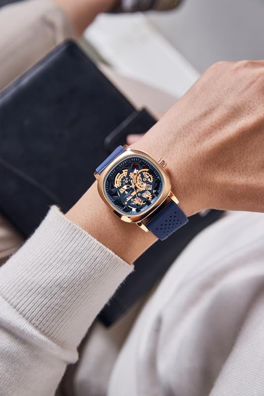 Image of London Fog Strand Collection Skeleton Style Quartz Watch for Men with Cushion Shaped Case, Date Display, Luminous Hands & Baton Hour Markers and Perforated Silicone Strap - LFM10026