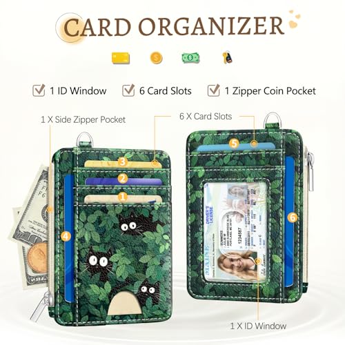 Image of Cute Black Cat Credit Card Holder Small Wallet Women, Green Grass Slim RFID Blocking Wallet Woman Keychain with Zipper Coin Pocket, Front Pocket Thin Travel Card Case with ID Window for Ladies Gifts