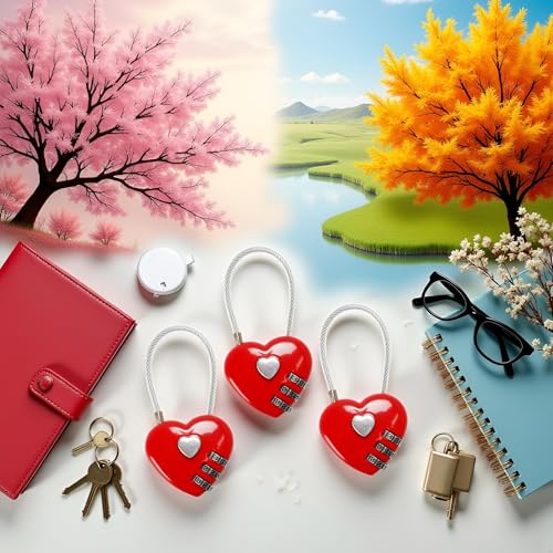 Image of 3Pcs Red Mini Love Heart Lock, Heart Padlock, Mini Code Lock,Padlocks and Hasps,Bags /Suitcase /Lockers /Backpacks /Jewelry Boxes Wire Rope 3-Digit Code Combination Padlock for Travel