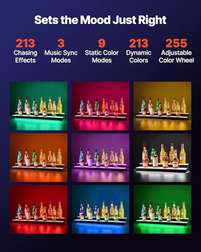 Image of VEVOR LED Lighted Liquor Bottle Display, 2 Tiers 40 inches, Supports USB, Acrylic Illuminated Home Bar Shelf Display with RF Remote & App Control, 9 Static Colors, Timing Mode, for 20-28 Bottles
