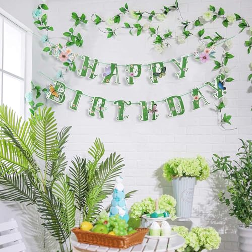 Image of SUNBEAUTY Wildflower Happy Birthday Banner Green Spring Butterfly Flowers Party Banner Floral Birthday Decoration Spring Butterfly Birthday for Women Girl Baby Shower Garden Tea Fairy Party Supplies | Pre-Strung