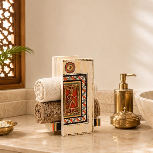 Image of Aakriti Art Creations Abstract Art Wooden Towel Holder | Wise Owl Hand-Painted Wall Painting | Matte Finish Brown Wall Mounted Towel Holder for Bath & Wash Area