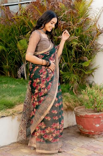 Image of MIRCHI FASHION Kota Doria Cotton Saree with Blouse Piece | Leaf Floral Printed Saree for Women | Traditional Ethnic Daily Wear Summer Saree