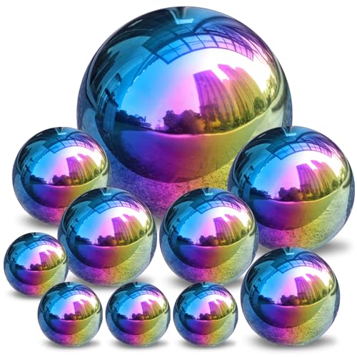 yarlung Set of 10 Stainless Steel Rainbow Gazing Balls, 50-150 mm Garden Mirror Globe Floating Pond Sphere, Polished Hollow Ball Reflective Ornament for Home Yard Outdoor Lawn Decoration