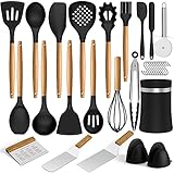 Silicone Kitchen Cooking Utensils Set, Umite Chef 31 pcs Heat Resistant Silicone Wooden Handles Cooking Utensil Spatula Set with Holder, Kitchen Gadgets Tools Set for Nonstick Cookware(Black)