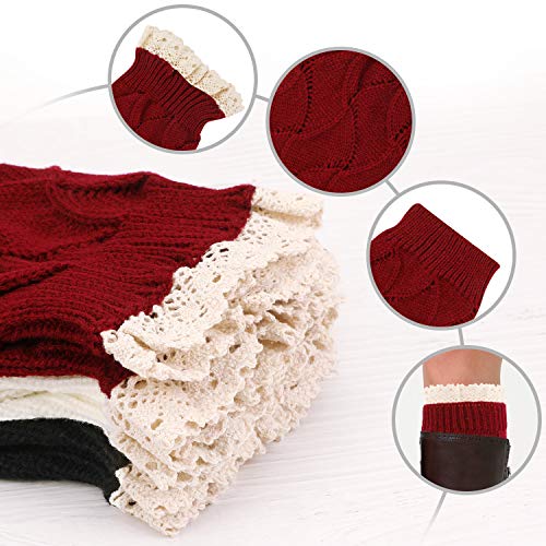 PHOGARY 3 Pairs Winter Warm Boot Cuffs for Women, Short Leg Warmers Crochet Knitted Boot Socks with Lace Trim for Gilrs Boot Topper Socks Leg Cuffs Boot Warmers Gift2