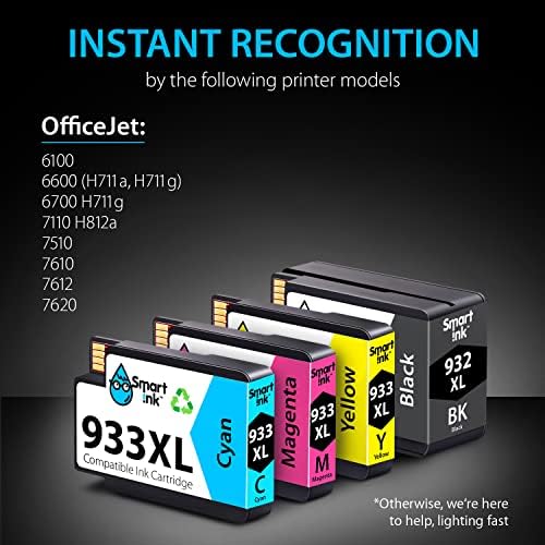 Smart Ink Compatible Ink Cartridge Replacement for HP 932XL 933XL 932 XL 933 High Yield (BK & C/M/Y 4 Combo pack) to use with Officejet 6100 6600 6700 7110 7510 7610 7612 7620