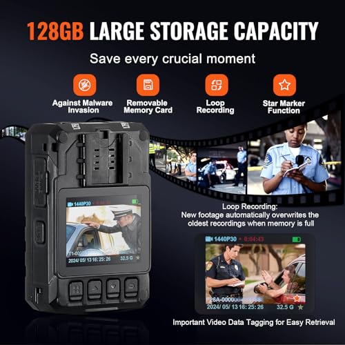 Image of VEVOR 1440P HD Police Body Camera, 128GB Body Cam with Audio Video Recording Picture, Built-in 3500 mAh Battery, 2.0 inch LCD, Infrared Night Vision, Waterproof GPS Personal Body Cam for Law Enforcement