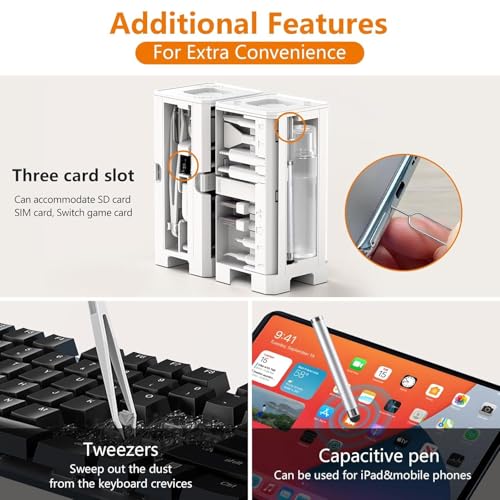 Image of Elfora 32 in 1 Cleaning Tool Kit with Screen Cleaner, Spray Bottle, Tweezer, Brush, SIM Tool & Key Puller| Multi Device Cleaner for PC, Laptop, iPhone, iPad, MacBook, Airpods, Camera & Keyboard(White)